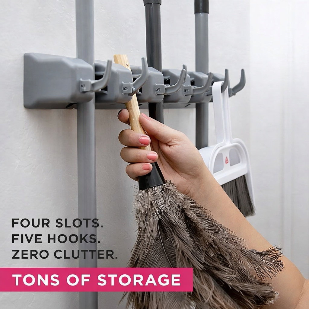 Adhesive Wall Mounted Mop & Broom Holder with Hooks – No Drilling!
