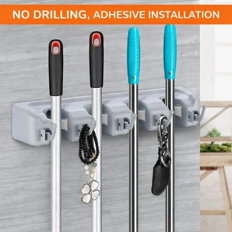 gallery-1-mop Adhesive Wall Mounted Mop & Broom Holder with Hooks – No Drilling!