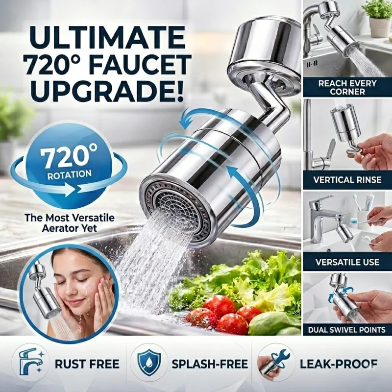 1 720° Rotating Faucet Aerator — Fits All Taps | Splash + Shower Mode | Water Saving