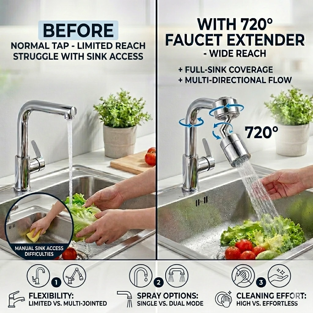 720° Rotating Faucet Aerator — Fits All Taps | Splash + Shower Mode | Water Saving