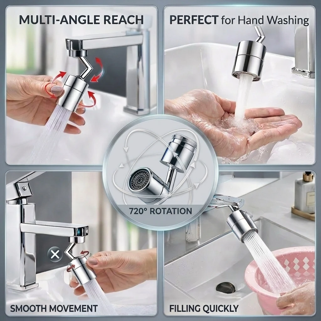 720° Rotating Faucet Aerator — Fits All Taps | Splash + Shower Mode | Water Saving