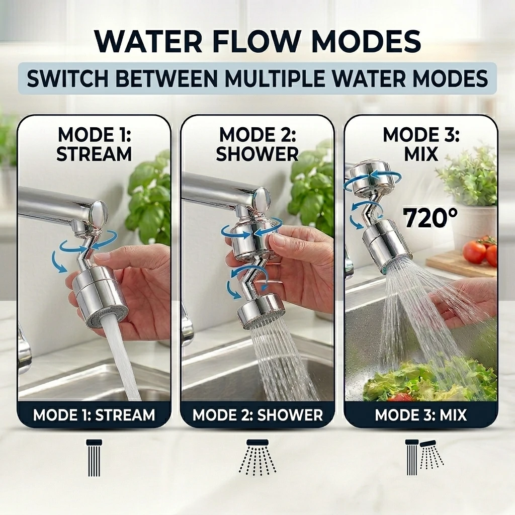 720° Rotating Faucet Aerator — Fits All Taps | Splash + Shower Mode | Water Saving