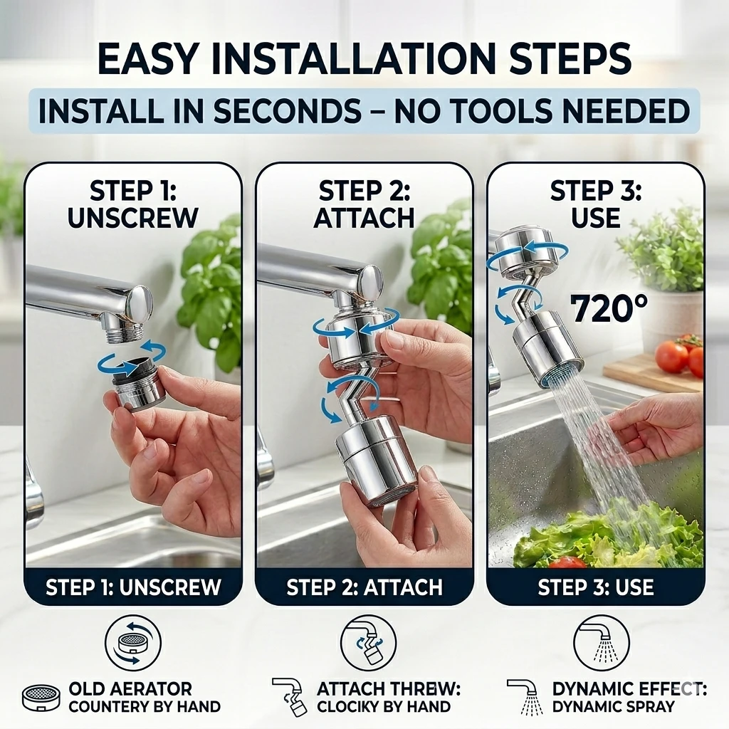 720° Rotating Faucet Aerator — Fits All Taps | Splash + Shower Mode | Water Saving