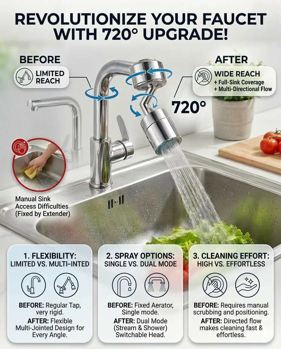720° Rotating Faucet Aerator — Fits All Taps | Splash + Shower Mode | Water Saving